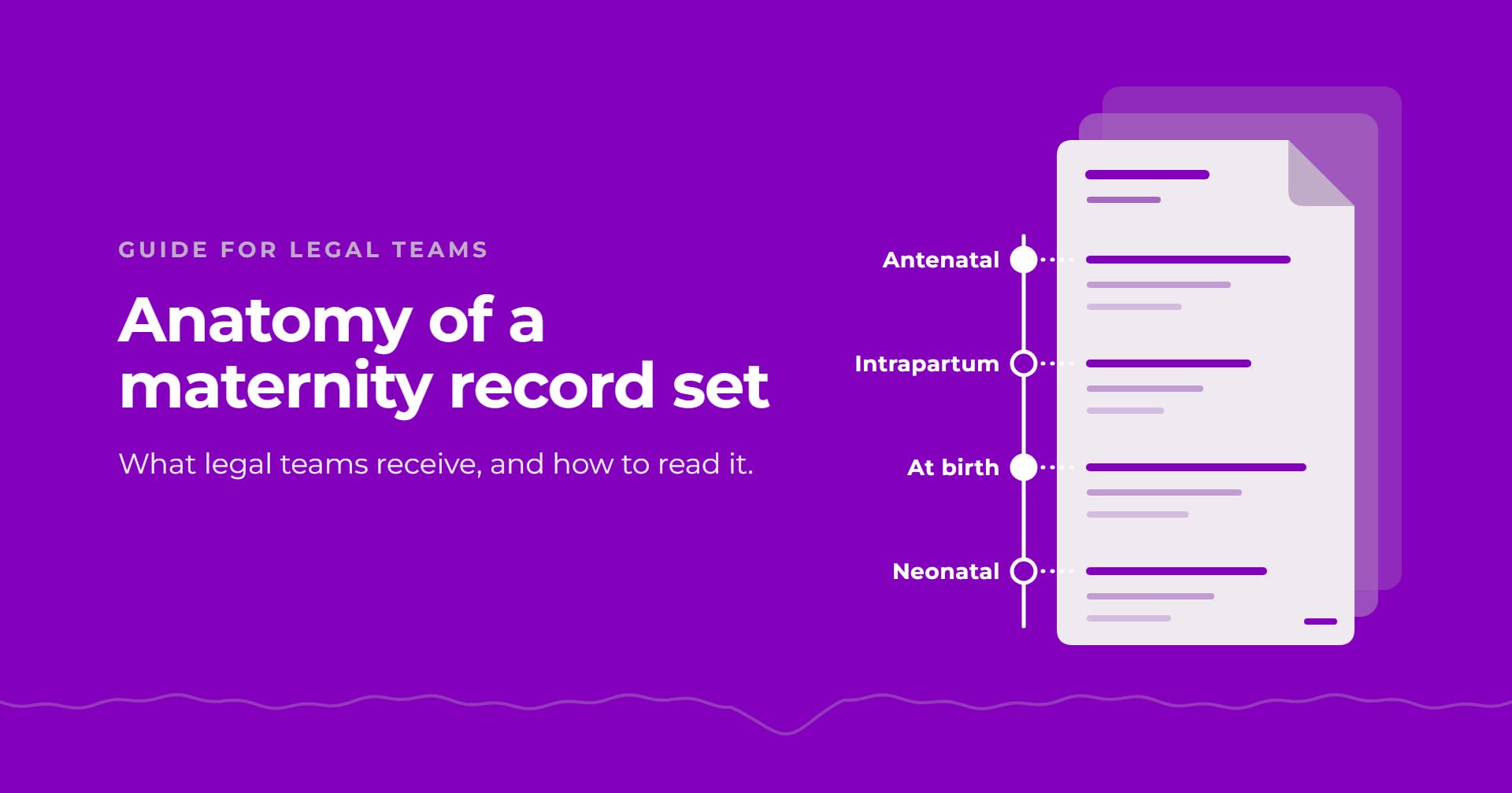 Illustration of a paginated maternity record set with a timeline of antenatal, intrapartum, birth and neonatal records